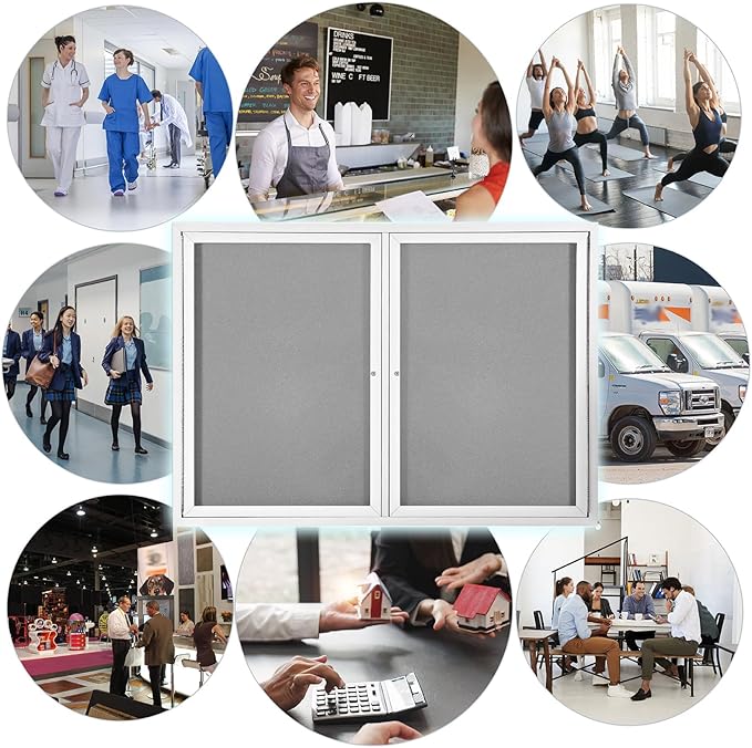 Outdoor Bulletin Board Weatherproof 48x36 in,Enclosed Bulletin Board with Locking Door, Wall Display Case for Office School Home Commercial, Silver Aluminum Frame, Gery Felt
