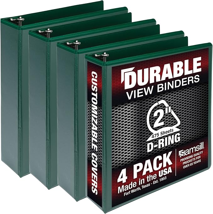 Samsill Durable 2 inch 3 Ring Binder, Made in USA, D Ring Binder, FSC 100% Recycled Chipboard, Green, 4 Pack
