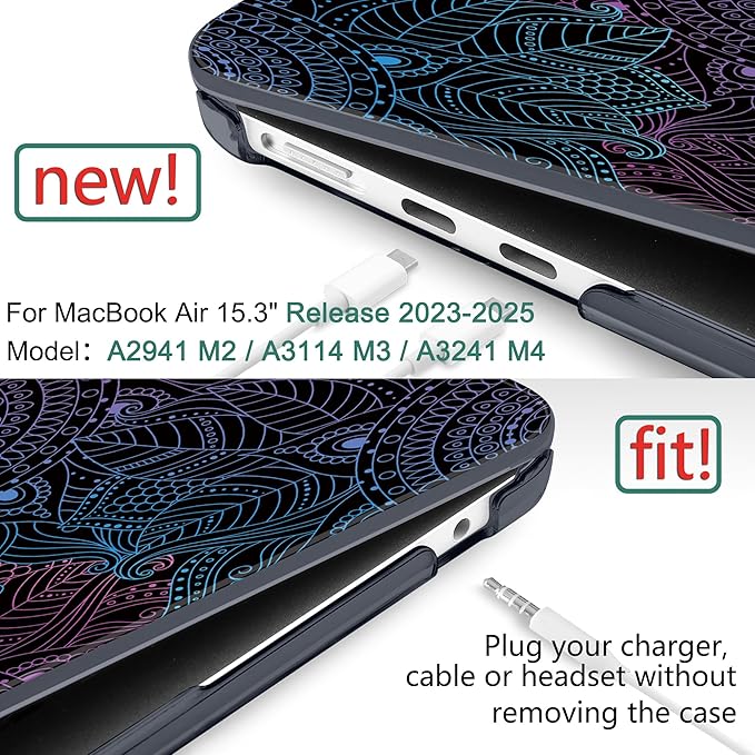 DONGKE Compatible with M4 MacBook Air 15 inch Case 2025 2024 2023 A3241 A3114 A2941 M3 M2 Liquid Retina Display Touch ID, Plastic Hard Case & Keyboard Skin & Screen Protector - Mandala