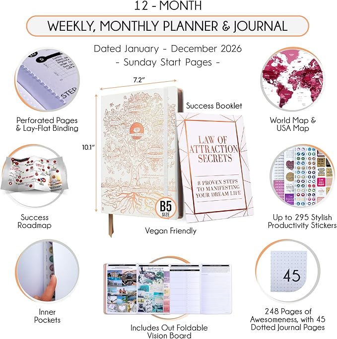 2026 Planner Weekly and Monthly | Law of Attraction Planner with Panduo App | A 12 Month Journey for Productivity, Gratitude & Goal Setting | Includes Foldable Vision Board, Gift Box & Stickers