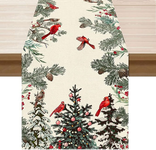 XCHI Cardinal Birds Winter Pine Tree Christmas Xmas Table Runner Table Decoration for Home Kitchen Dining Holiday Decor 13x90 Inch