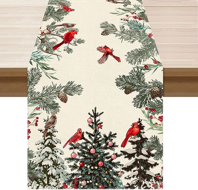 XCHI Cardinal Birds Winter Pine Tree Christmas Xmas Table Runner Table Decoration for Home Kitchen Dining Holiday Decor 13x36 Inch