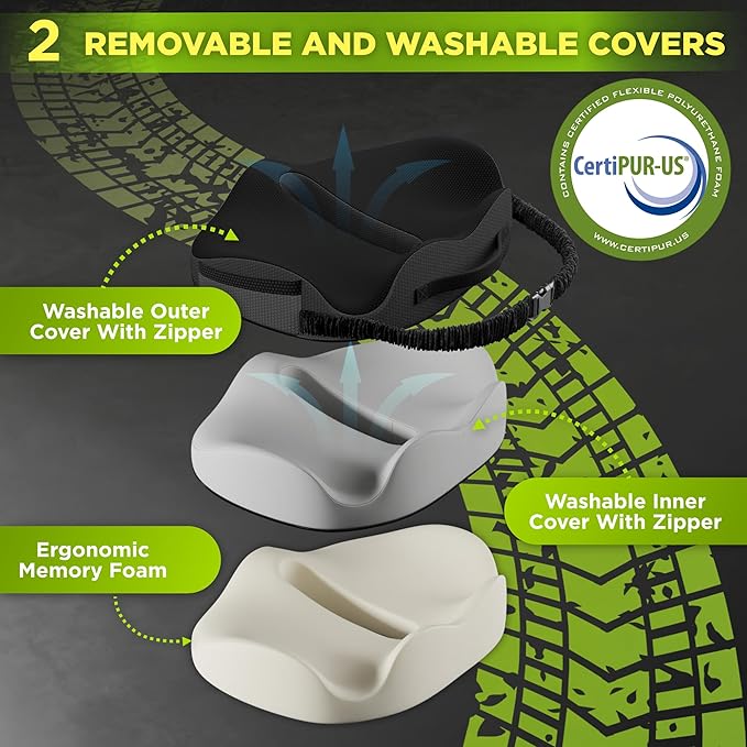 XL Truck Seat Cushion for Truck Driver Seat Cushion - Upgraded Back Support, CertiPUR-US® Certified - Thick Memory Foam, Pain Relief for Hours of Driving, Trucker Approved Big Rig - Black