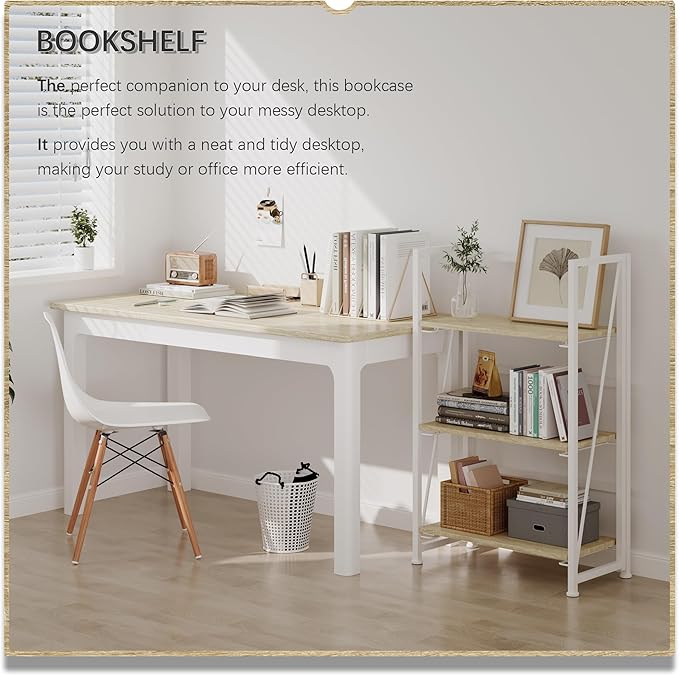 4NM No Assembly Folding Bookshelf Storage Shelves 3 Tiers Vintage Bookcase Standing Racks Study Organizer Home Office (Natural White)