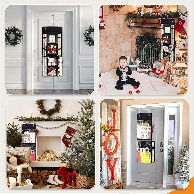 Hanging Gift Wrapping Paper Storage, 40x16 inch Double-Sided Gift Wrap Organizer Christmas Wrapper Paper Container, Craft Roll Organizer Behind The Door Storage Heavy Duty Oxford Gift Bag Holder