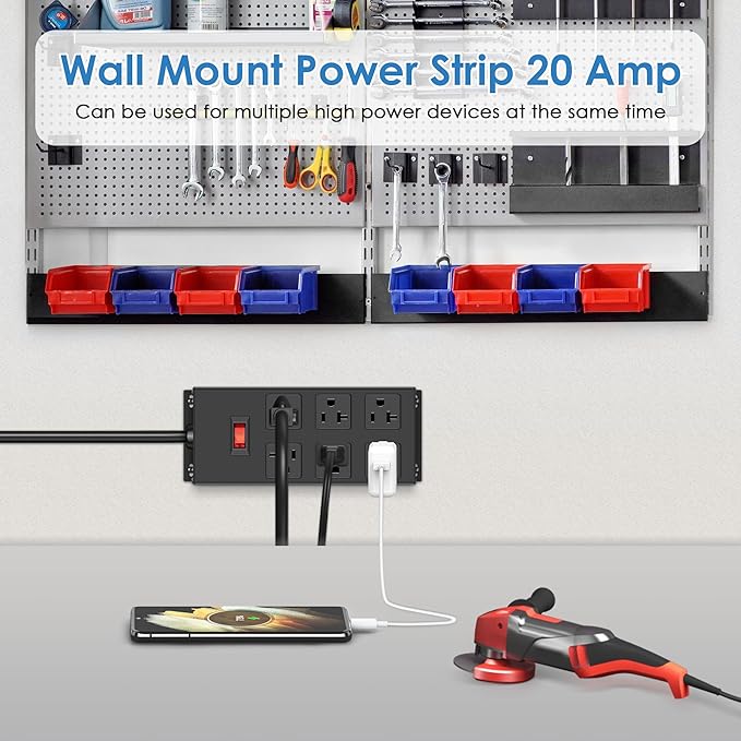 JUNNUJ Heavy Duty 20 Amp Power Strip, Garage 6 Outlets Metal 12 Gauge Surge Protector 3000J, High Amp 5-15P Adapter Shop 6-20R T-Slot Industrial (6AC, 6FT)