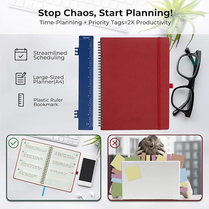 Planner 2026 Daily Weekly and Monthly,11.5"x8.5",12 Months Spiral Bound Calendar Agenda with Self-adhesive Pen Holder,2026 Appointment Book with Vegan Leather Soft Cover,Red