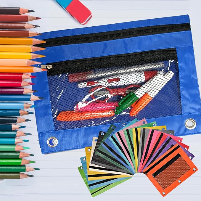 128 Pcs Pencil Pouch for 3 Ring Binder 16 Colors Zippered Pencil Pouch Bags Bulk Binder Pencil Case with Clear Window for Classroom, School, and Office Use