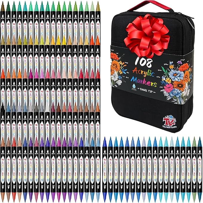 TBC The Best Crafts 108 Colors Dual Tip Acrylic Paint Markers, Double zipper design Topgrade Canvas bag,Waterproof, Non-Toxic, odorless, Suitable for Paper,Pottery, Stones, Glass,outdoor painting
