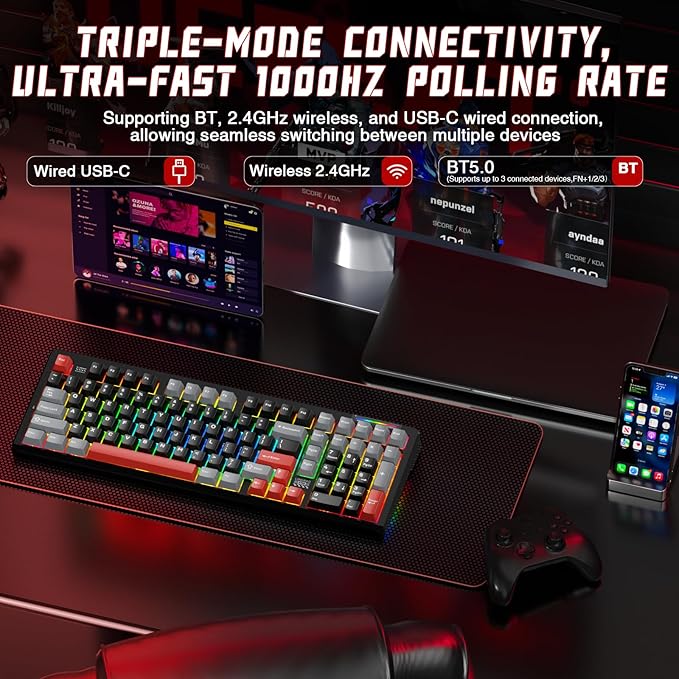LINGBAO K98 Wireless Mechanical Gaming Keyboard, Tri-Mode BT5.0/2.4GHz/USB-C, Gasket Custom Hot-Swappable Linear Switches Mechanical Keyboards, RGB Backlit Gaming Keyboard for PC Laptop