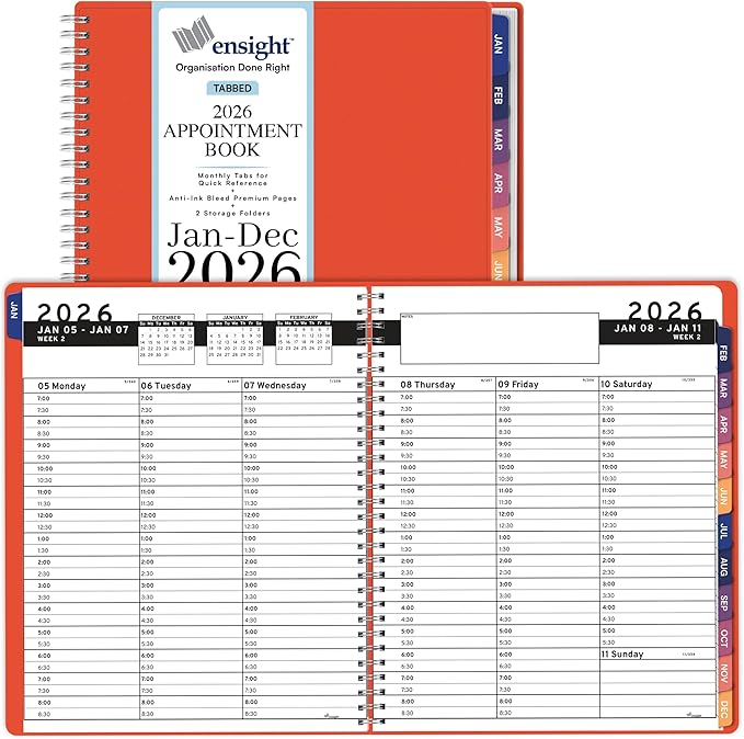 Ensight 2026 Appointment Book and Planner 6.5" x 8.5" Large Hourly Weekly Daily Schedule Book with Tabs, 30 Minute Time Slots, Peach Calendar Organizer Jan 2026–Dec 2026 Appointment Planner - Peach
