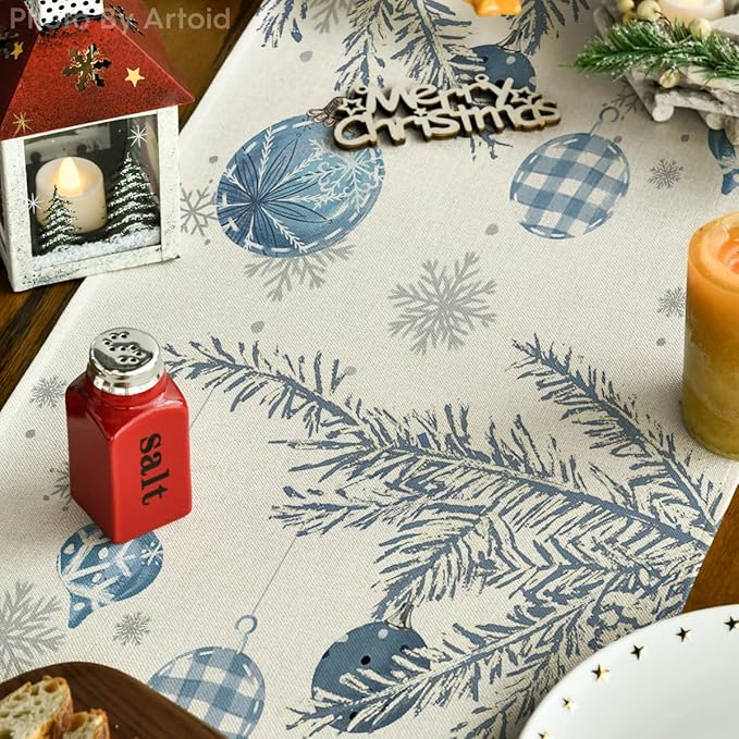 Artoid Mode Blue Pine Trees Merry Christmas Table Runner, Winter Xmas Holiday Kitchen Dining Table Decoration for Home Party Decor 13x48 Inch