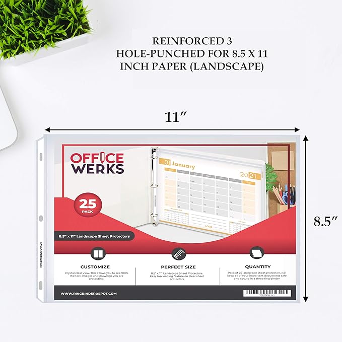Performore 25 Sheet Protectors, Landscape Clear Sheet Protectors 8.5 X 11 Inch for 3 Ring Binder, Plastic Sheet Sleeves, Top Loading with 3 Hole-Punched Archival Safe, Non-Stick and Long-Lasting