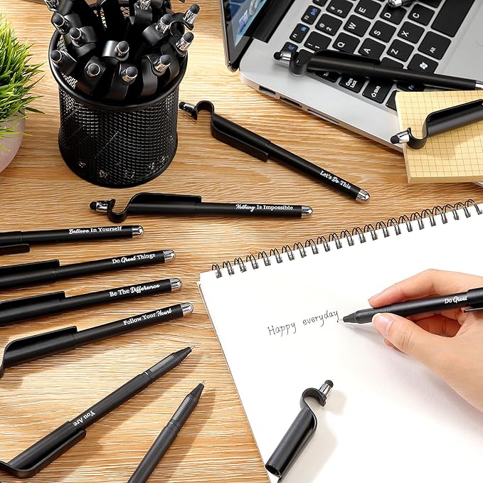 100 Pcs Inspirational Pens Bulk Black Motivational Ballpoint Pen with Writing Touch Screen and Mobile Phone Stand 3-in-1 for Office School Supplies Inspirational Gifts