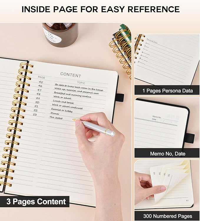 Large Spiral Notebook Journal for Women Men - 300 Numbered Lined Pages, College Ruled, A4 Hardcover Spiral Bound Notebook for School, Work, Note Taking, Writing, Leather Spiral Journal 8.5"x11"