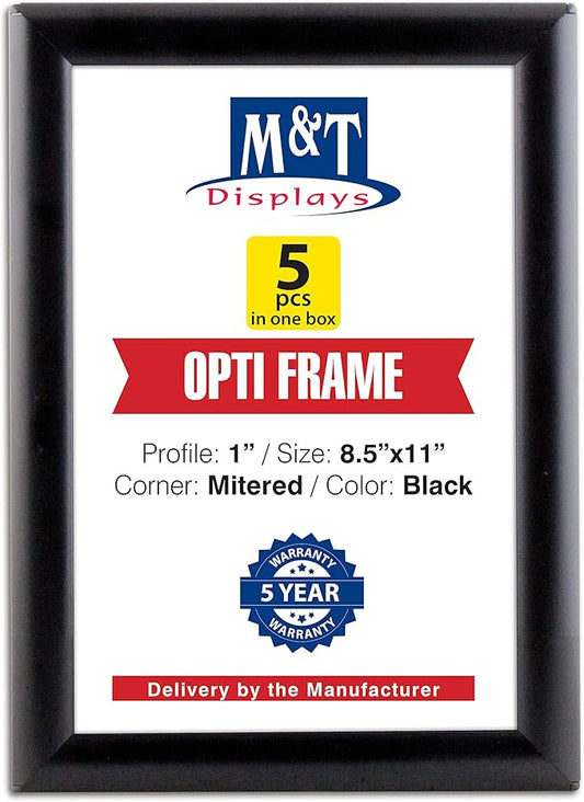 M&T Displays Opti Snap Poster Frame 8.5x11 Inch Black 1" Aluminum Profile Front Loading Wall Mounting Photo Picture Document Certificate Sign Holder Mitered Corner Anti Glare Cover (5 pack)