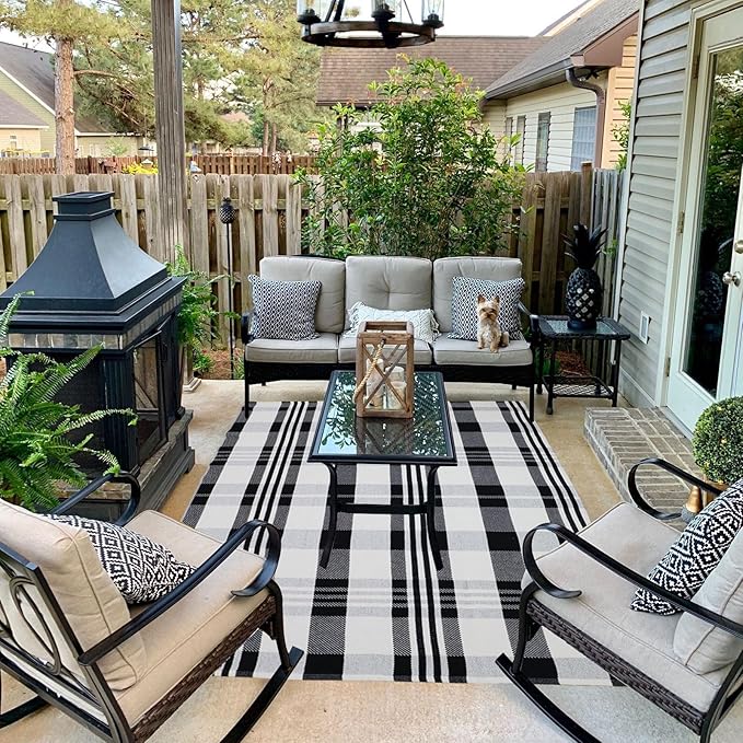 Fall Décor Plaid Rug, 4' x 6' Black&White Check Indoor/Outdoor Area Rug, Layering Rug for Hello/Welcome Door Mat, Machine Washable Cotton Woven Rugs for Farmhouse Front Porch, Entryway