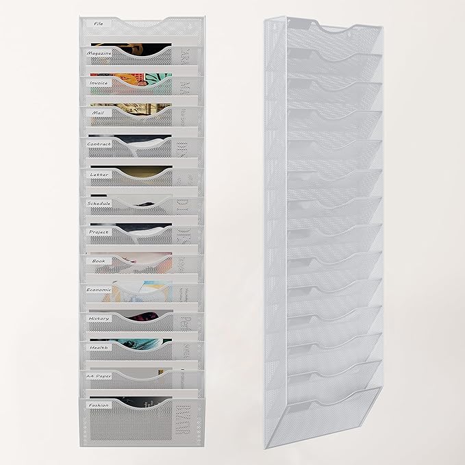 14 Tier Hanging Wall File Holder, Metal A4 Wall Mounted Document Holder, Vertical Hanging Mail Organizer, Magazine Storage Rack with Tray for Office Home Classroom, White