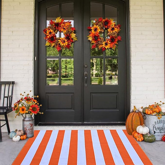 CAINANEL Fall Outdoor Rug 3' x 5' Orange and White Striepd Rug Front Door Mat Halloween Thanksgiving Fall Autumn Home Decor, Layerd Welcome Doormat for Front Porch Decor, Front Door, Farmhouse Decor