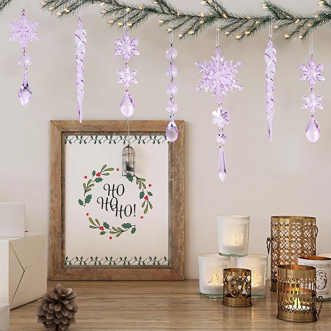 18pcs Crystal Christmas Ornaments for Christmas Tree Decorations-Purple Hanging Acrylic Snowflake and Icicle Ornaments with Drop Pendants for New Year Party Decorations Supplies