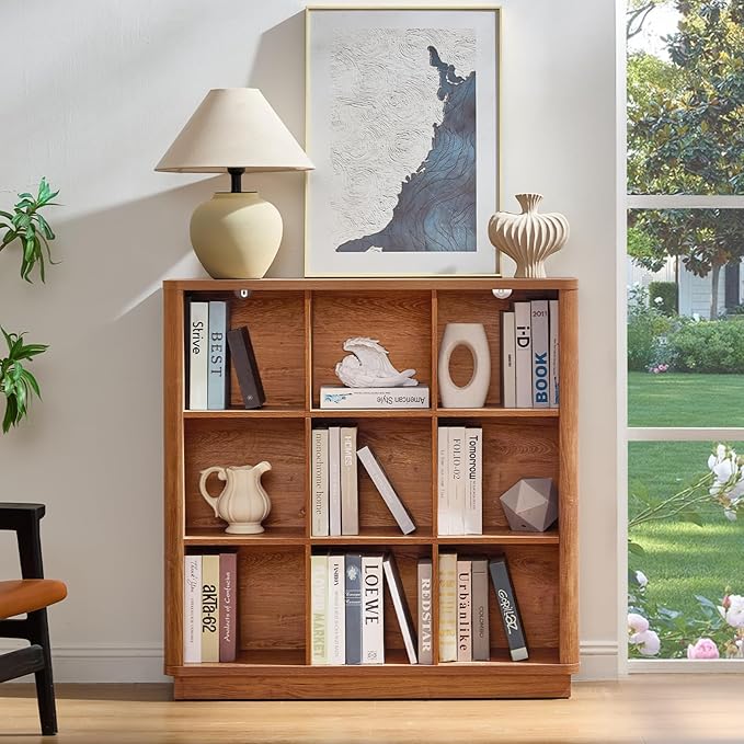 9 Cube Storage Book Shelf, 41" Tall Organizer Bookshelf with Curved Edge, Wood Floor Standing 3-Tier Cubby Bookcase with Base, Country Rustic Display Book Case for Library, Office, Brown