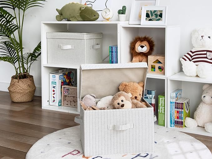 StorageWorks Fabric Storage Bins with Lid, Decorative Storage Boxes for Shelves, Stackable Closet Organizer Basket with Handles, Large, Gray and White Stripes, 2-Pack