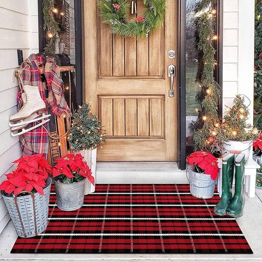 OJIA Christmas Front Door Mat Outdoor 27.5"x43" Red Plaid Porch Rug Machine Washable Entryway Rugs Indoor Layered Door Mats Outdoor Doormat Cotton Area Rug Rug for Bathroom/Bedroom