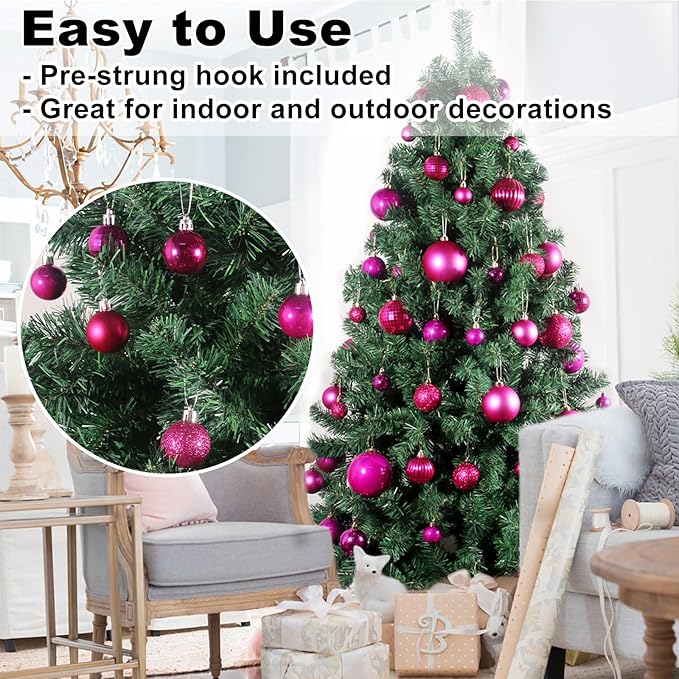 Fuchsia 1.6" Small Christmas Balls Christmas Tree Decoration Ornaments Shatterproof Hanging Balls for Birthday Halloween Holiday Wedding Decorations Set of 12pcs