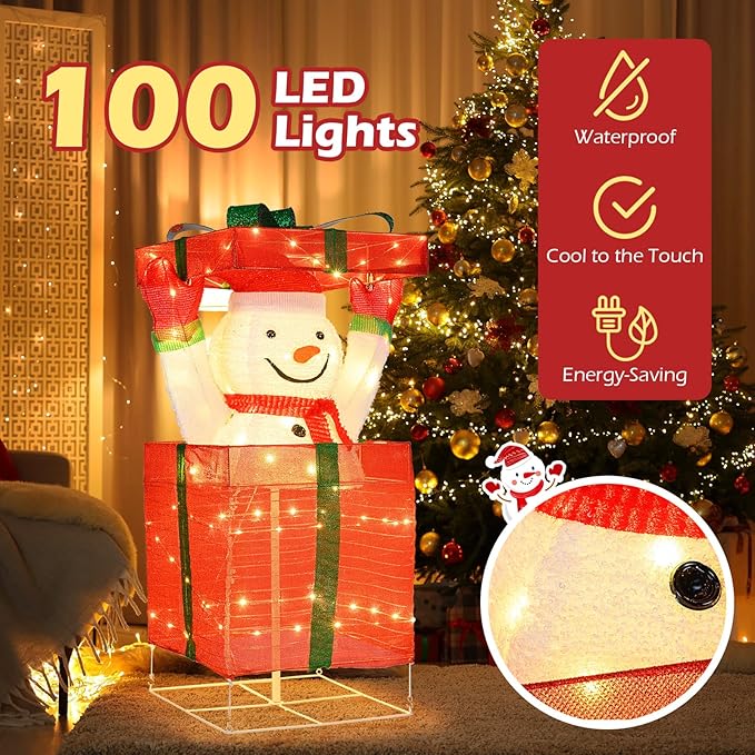 Tangkula Lighted Snowman Christmas Decoration, Pre-Lit Pop up Snowman with 100 Warm LED Lights for Indoor Outdoor, 3D Xmas Holiday Decoration for Home Lawn Yard Garden, Plug in