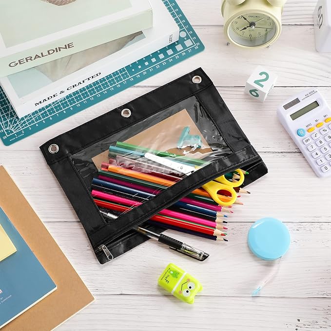 Marspark 30 Packs Pencil Pouch 3 Ring Binder Pen Pouch Cloth Pencil Pouches Zipper Pen Case Bag with Clear Window for School Office Writing Supplies Gifts(Black)