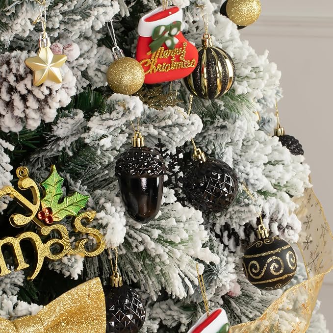 Black & Gold 110Pcs Christmas Ball Ornaments Set, Assorted Christmas Ornaments for Xmas Tree, Shatterproof Plastic Baubles Hanging Decorations for Holiday/Party/Wedding