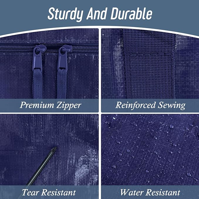 12 Pack Extra Heavy Duty Large Moving Bags with Strong Zipper & Comfortable Handles, Sturdy & Durable Clothes Storage Bags Totes Bins, Packing Moving Boxes for College Supplies, Dark Blue