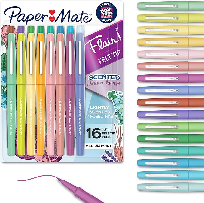 Paper Mate Flair Nature Escape Scented Felt Tip Pens, Medium Point (0.7mm), Assorted Colors, 16 Count - Perfect for Journaling, Writing, Coloring, Teacher Supplies