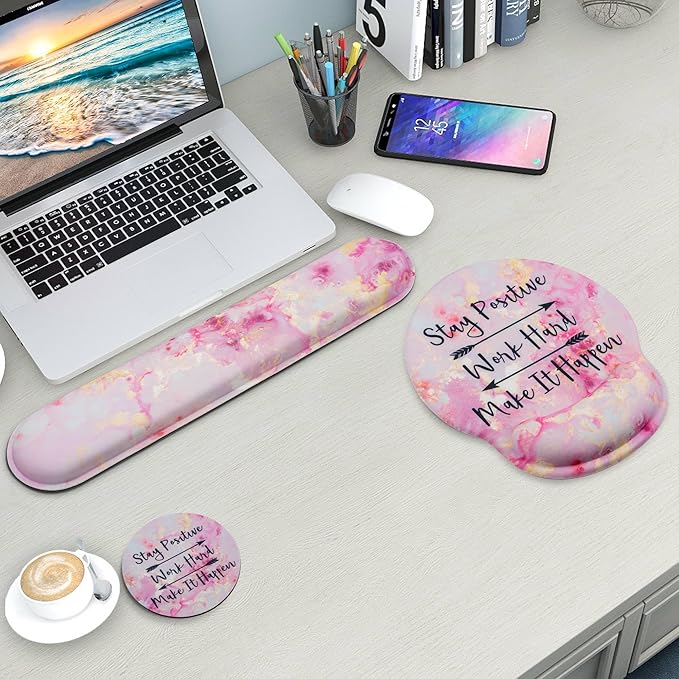 Mouse Pad and Keyboard Wrist Rest Support, with Non-Slip PU Base,Gel Mouse Pad with Coaster,Pain Relief for Gaming, Computer,Office -Pink Positive 2