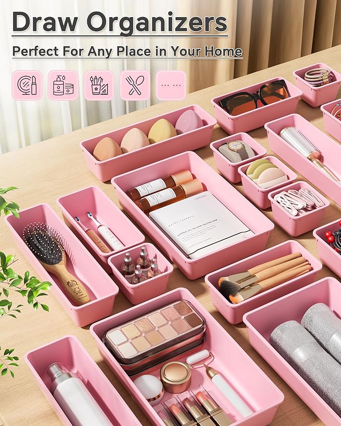 25 PCS Plastic Drawer Organizers Set, 4 Sizes Vanity Organizer, Makeup and Desk Drawer Organizer Trays, Organization and Storage for Makeup, Bathroom, Kitchen Utensils and Office (Pink)