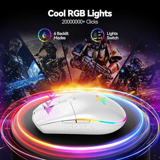 TECKNET Wireless Gaming Mouse - 8000 DPI, RGB Backlit, 6 Programmable Buttons, 100Hrs Battery Life, Dual Mode [2.4G & USB-C] for Laptop,PC,Mac - White