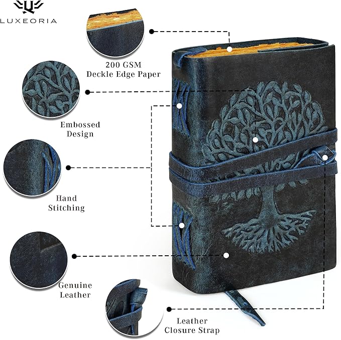 LUXEORIA Tree Of Life Leather Journal for Women and Men, Handcrafted Leather Journal for Writing Womens, Sketchbook, Travel Diary with Unlined Deckle Paper, Dark Blue 6x8