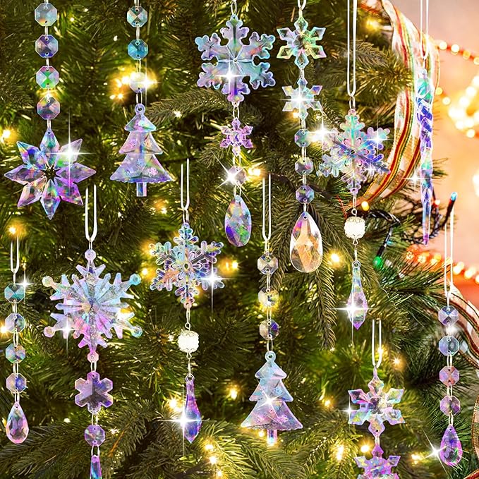 Lanpn 22pcs Christmas Ornaments Crystal Christmas Tree Decoration, Hanging Clear Acrylic Snowflake Icicle Drop Crystal Pendant for Xmas Tree Winter New Year Outdoor Indoor Party Decoration (Colorful)