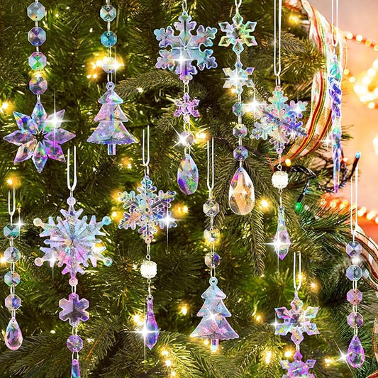 Lanpn 22pcs Christmas Ornaments Crystal Christmas Tree Decoration, Hanging Clear Acrylic Snowflake Icicle Drop Crystal Pendant for Xmas Tree Winter New Year Outdoor Indoor Party Decoration (Colorful)