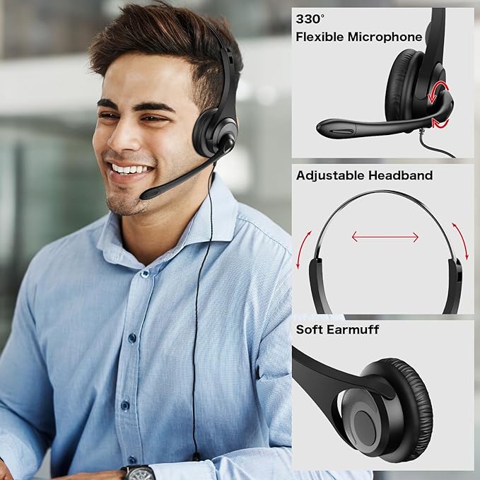 USB Headset with Microphone, Wired Computer Headset for Laptop/PC with Noise Cancelling Mic, Mono Headphones with in-Line Volume Control for Work, Office, Teams, Zoom, Skype, Online Class