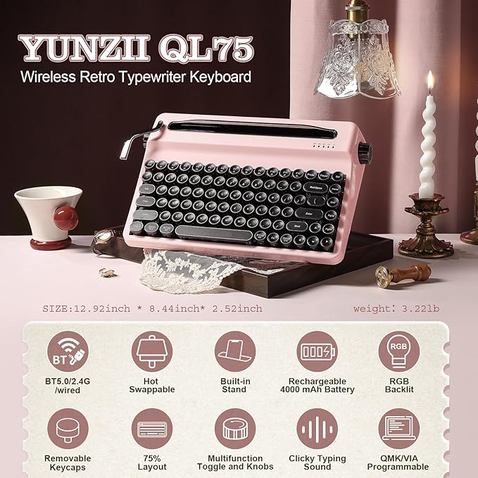 YUNZII QL75 Wireless Typewriter Hot Swap Retro Mechanical Keyboard,Punk Round Keycaps,RGB Backlit QMK/VIA Programmable,Multi-Device Keyboard with 2.4GHz/Type-C/BT5.0 (Pink, Onyx Switch)