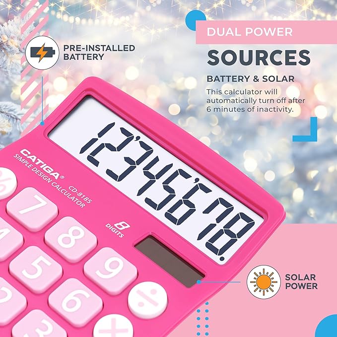CATIGA Desktop Calculator 8 Digit with Solar Power and Easy to Read LCD Display, Big Buttons, for Home, Office, School, Class and Business, 4 Function Small Basic Calculators for Desk, CD-8185