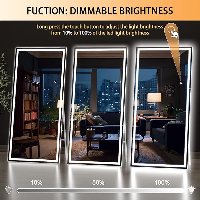 Hasipu Full Length Mirror with Lights, 79" x 36" LED Lighted Floor Standing Mirror, Full Body Dressing Hanging Mounted Mirrors, Dimmable, Tempered Glass, Safe to Use, Square White