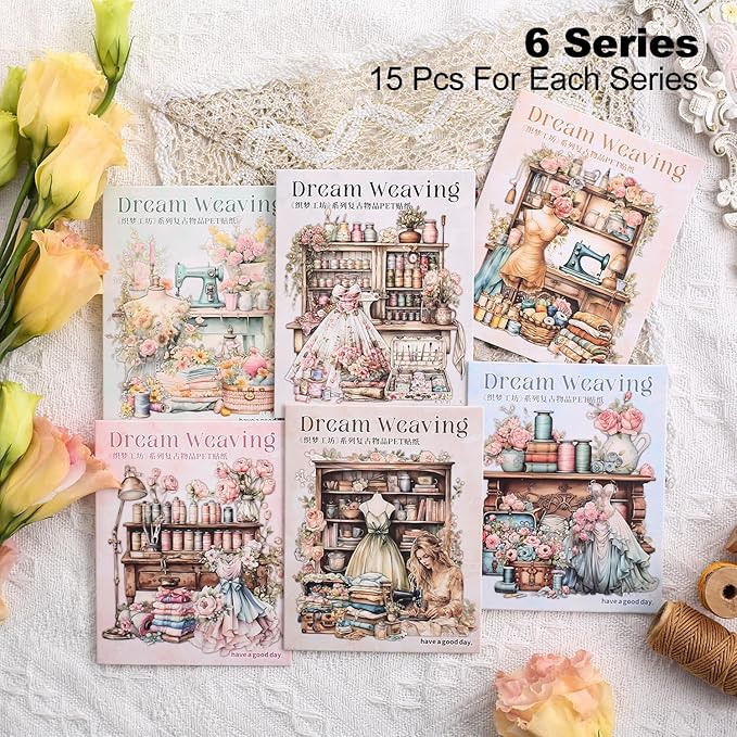 90Pcs Retro Sewing PET Stickers, Vintage Ephemera for Scrapbooking, Journaling Supplies, DIY Crafts, and Junk Journals, with Organizer