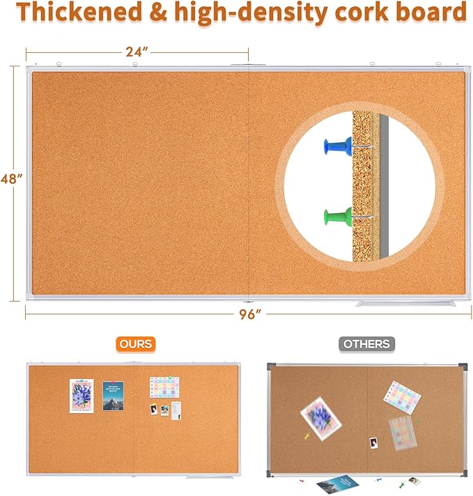 maxtek Large Cork Board 96 x 48 in, Bulletin Board for Walls, 8'x 4' Extra Aluminum Framed Corkboard, Foldable Wall Mounted Back to School Pin Memo Notice Cork Board for Office, Home Wall Display