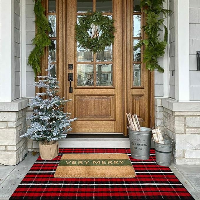 CAINANEL Buffalo Plaid Outdoor Rug Christmas Door Mat Christmas Decor Welcome Rug Cotton Hand-Woven Layered Door Mats for Front Porch, Kitchen, Farmhouse, Entryway (35.4''x59'', Red/Black/White)