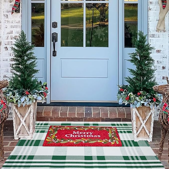 Christmas Door Mat Outdoor 27.5” x 43” Green and White Plaid Rug Christmas Decor Rug Cotton Hand-Woven Layered Door Mats Washable Carpet for Front Porch, Kitchen, Farmhouse, Entryway