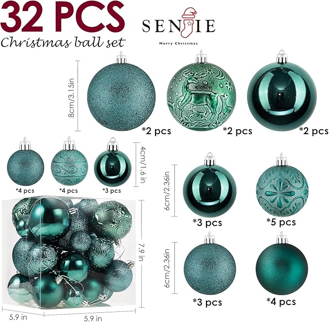 Senjie Green Shatterproof Christmas Ball Ornaments, 32 Pcs, Plastic, Wedding & Christmas, Hanging