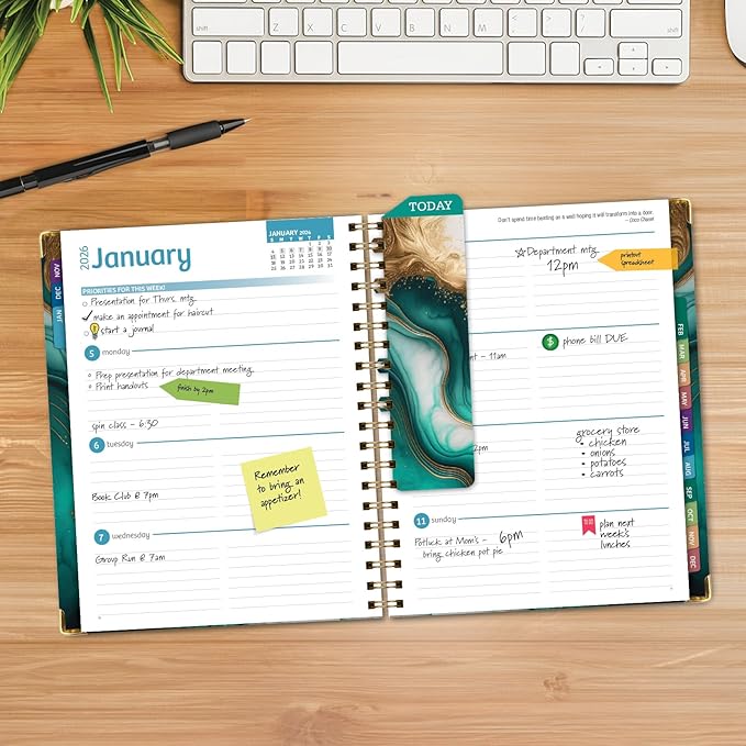 HARDCOVER 2026 Planner, 7"x9": 14 Months (November 2025 - December 2026), Daily Weekly Monthly Planner, Yearly Agenda, Bookmark, Pocket Folder and Sticky Note Set (Teal Gold Marble)