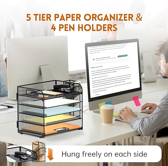 SUPEASY 2 Pack 5 Tier Desk Organizer with Handle & Removable Pen Holders, Mesh Paper/File Organizer for Desk Office Supplies,Black